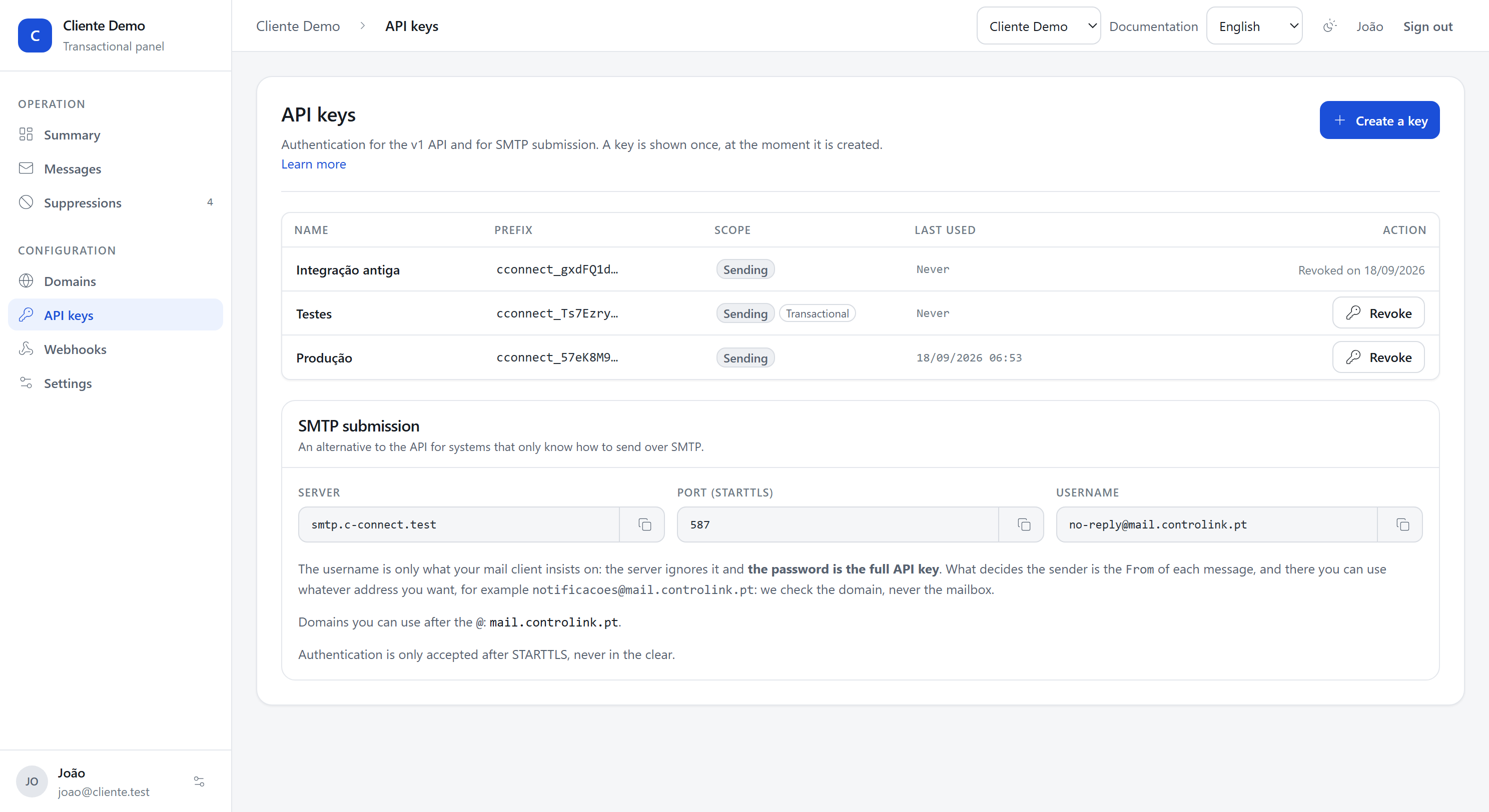 The keys screen, with the prefixes and the SMTP submission settings.