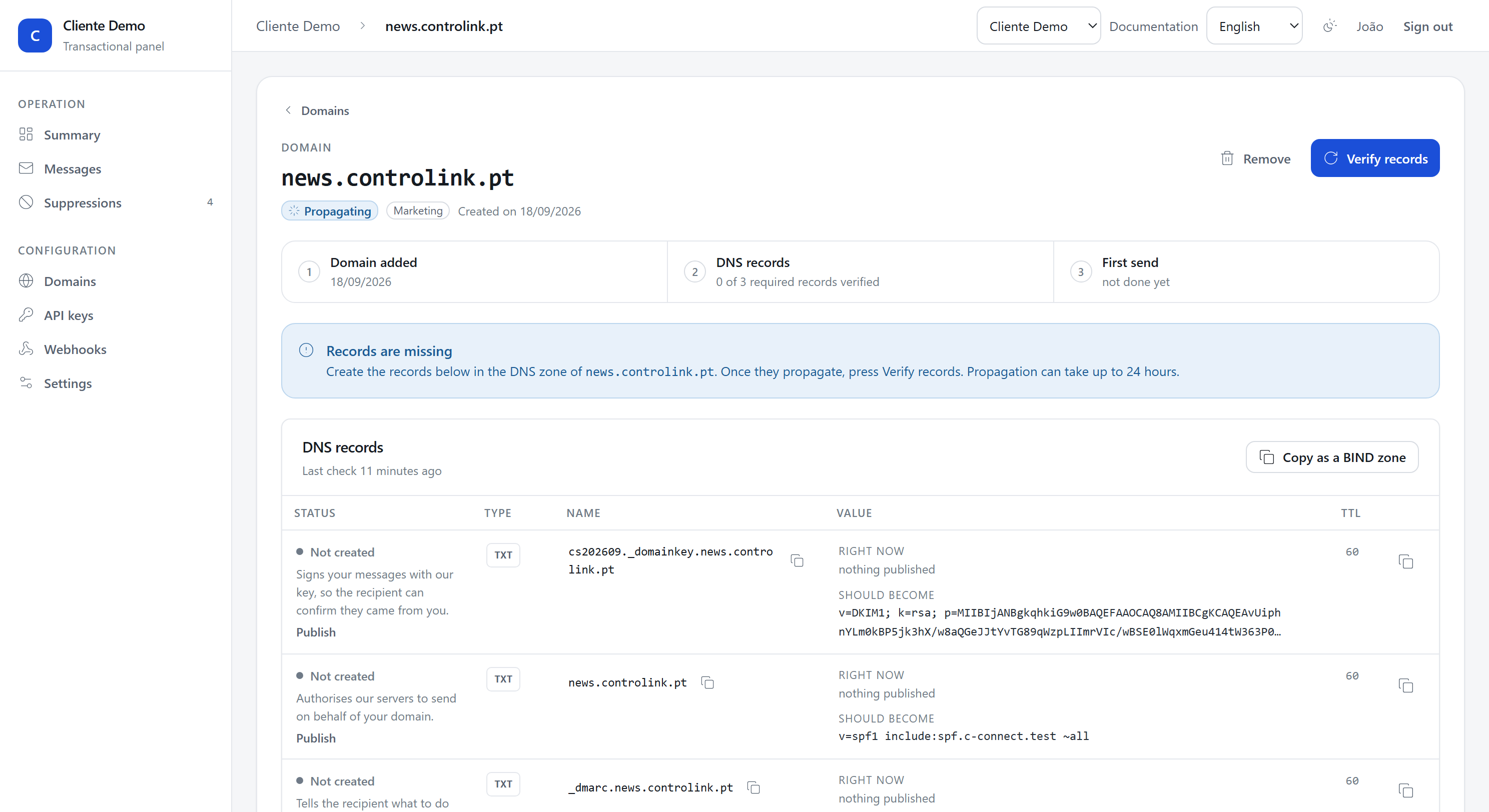 A domain's wizard, with what is published beside what it should become.