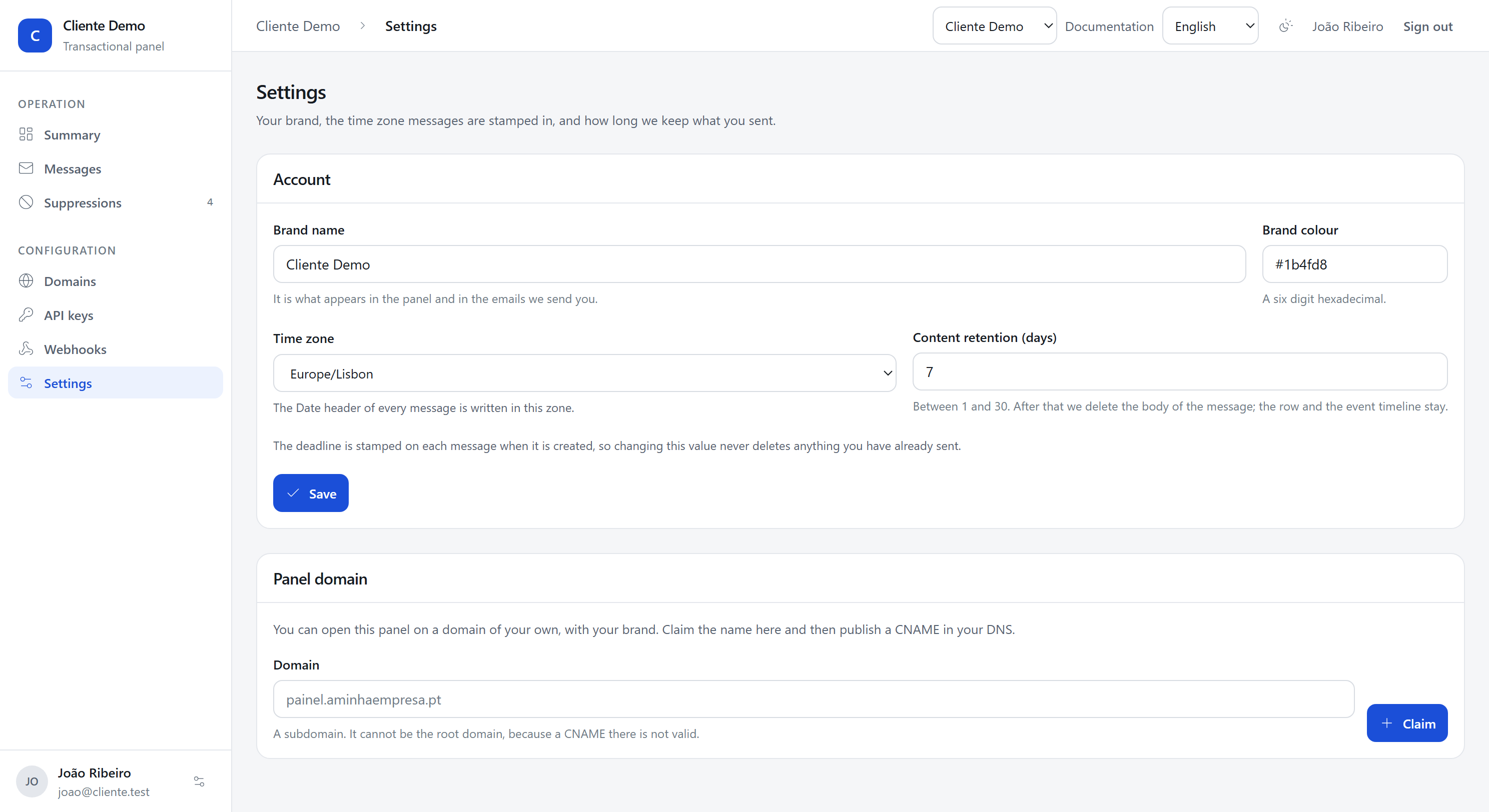 The account settings: brand, time zone and retention.